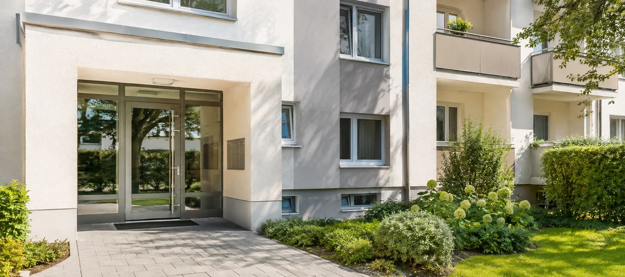 Heller Hauseingang einer österreichischen Wohnanlage