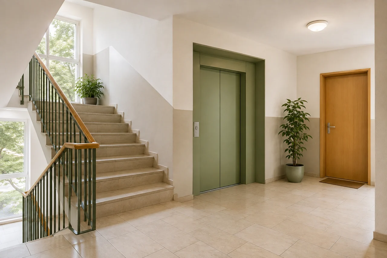 Helles Stiegenhaus eines österreichischen Mehrfamilienhauses mit Lift