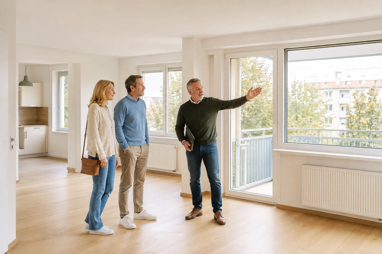 Paar besichtigt mit einem Immobilienberater eine helle Eigentumswohnung